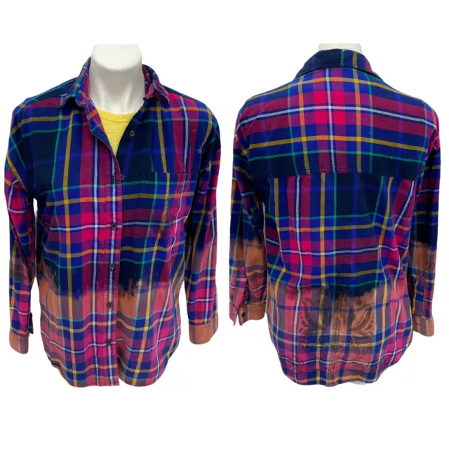 Old Navy Womens Upcycled Plaid Button Up Size Small Boho Lotus Bleach Ombre Coat 8
