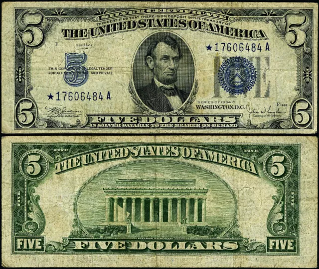 FR. 1653* $5 1934-C Silver Certificate Non-Mule *-A Block Wide Fine+ Star