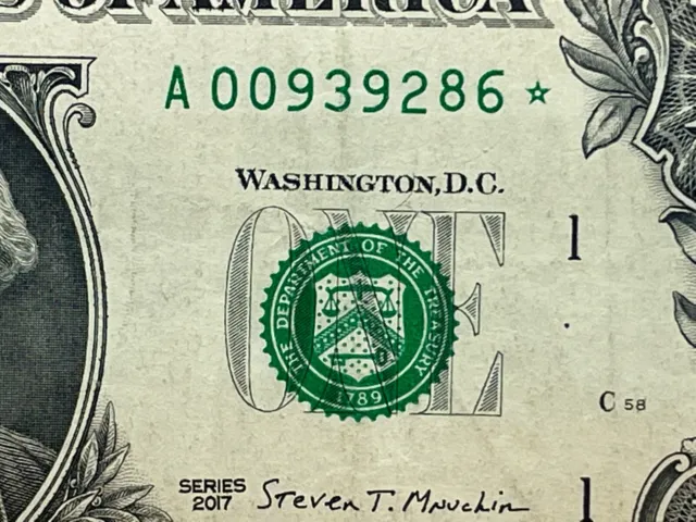 Star Note Series 2017 One Dollar Bill A Block Boston Massachusetts A00939286*
