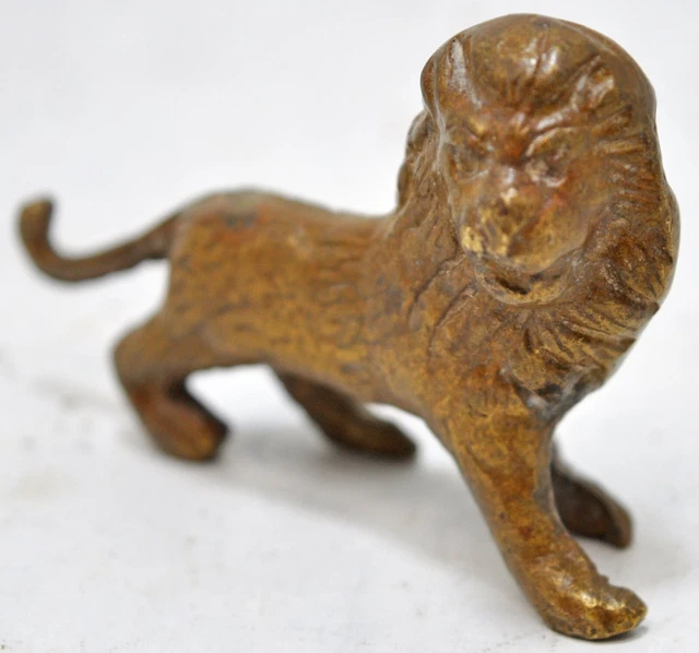 Antique Brass Lion Figurine Original Old Hand Crafted Fine Engraved