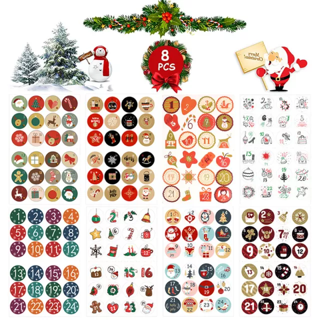 24Pcs Christmas Adventskalender Sticker Zahl Papier Sticker Santa Reindeer NSH