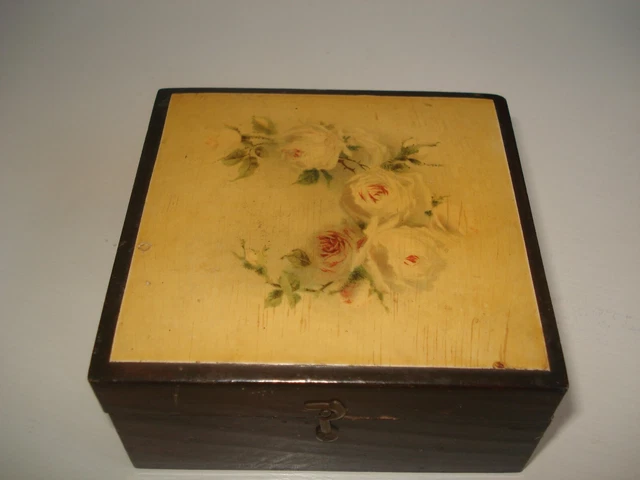 Antique Brooks Thread Sewing Box~White Roses on lid~ original wood insert~lovely