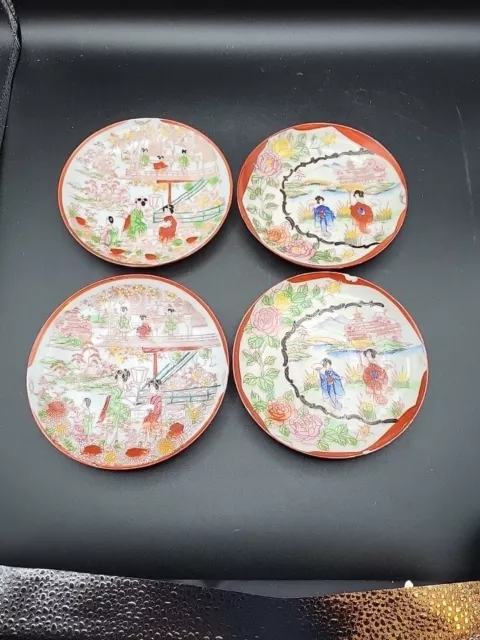 Vintage Japanese Geisha Ware Saucers Set of 4 Red Hand painted