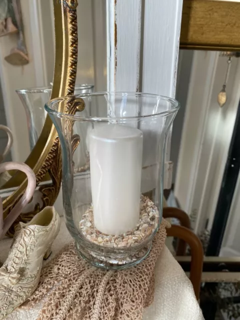 Clear Glass Hurricane Vase Storm Candle Holder with Crushed Pearl Sea Shells