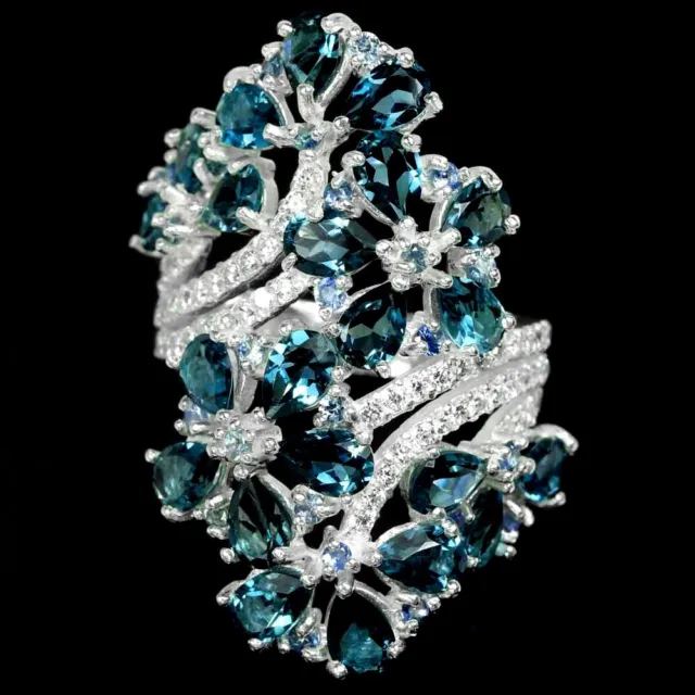 Genuine Aaa London Blue Topaz, Sapphire & Cz Sterling 925Silver Flower Ring 9.5