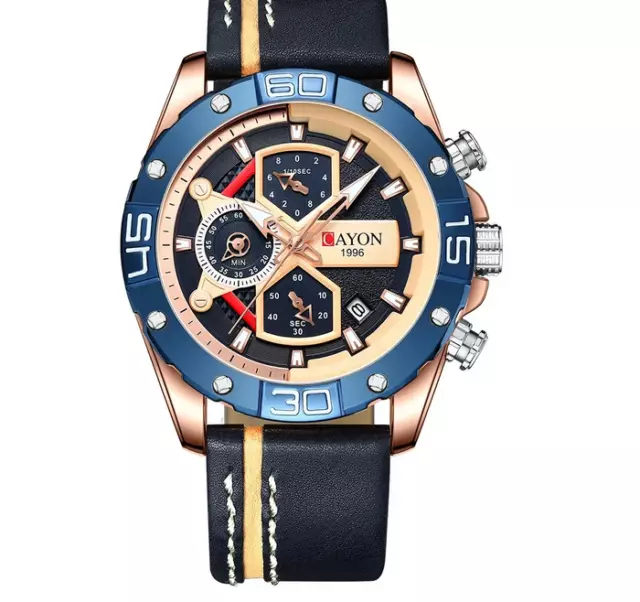 Cayon Herren Edelstahl Chronograph Armbanduhr Männeruhr Herrenuhr Lederarmband