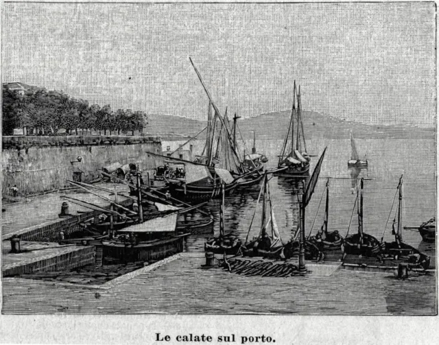 Alghero: Le calate sul porto. Stampa antica di 120 anni + passepartout. 1901