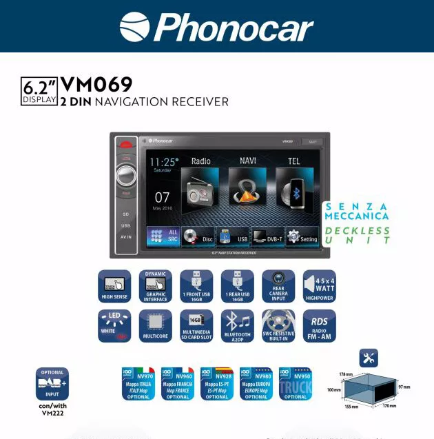Radio Phonocar VM069 2 din auto multimedia 6.2" Navigatore Bluetooth