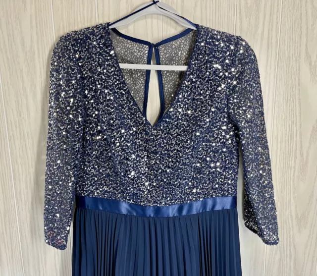 Kay Unger New York Sz 8 Sequin Lace Pleated Gown Dress 3/4 Sleeve Navy Blue EUC 3