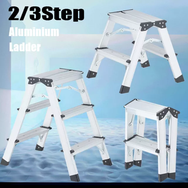 2 3 Step Ladder Aluminium Folding Ladder Safety Non Slip Small Stool Lightweight