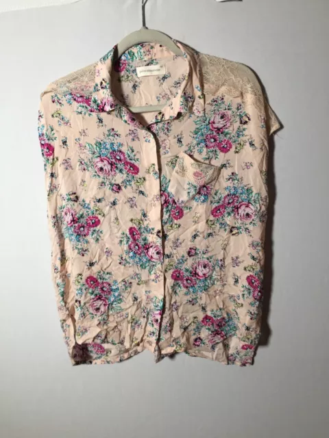 Peter Alexander Womens Pale Pink Floral Pyjama Button Shirt Size XS Lace Trim