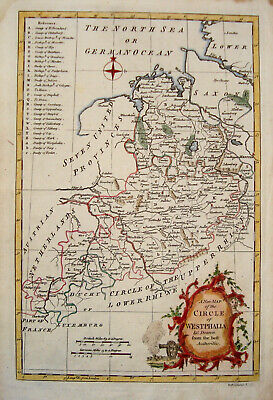 Westfalen Kleve Rees Wesel Emden Bremen Comer Mapa de País Grabado Um 1750
