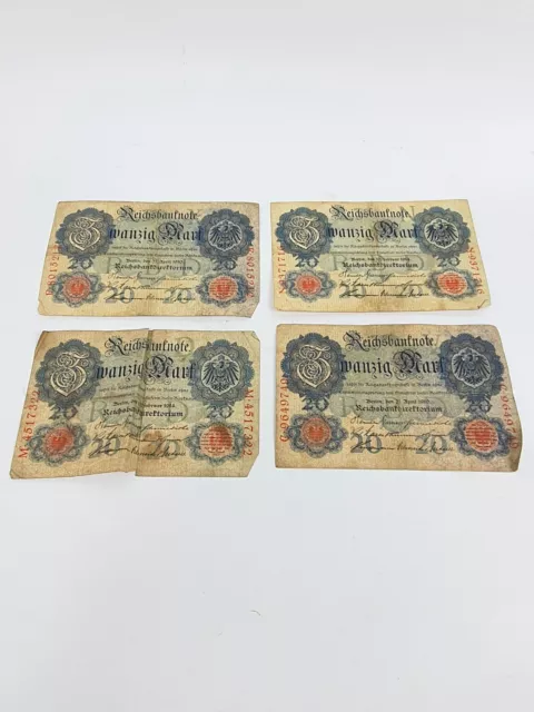4X Zwanzig Mark - Reichsbanknote - 1907 - 20 Mark leicht gebraucht