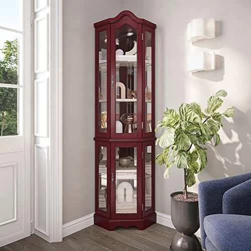 BELLEZE Lighted Corner Display Curved Top Curio Cabinet Wooden Shelving Unit BELLEZE Lighted Corner Display Curved Top Curio Cabinet Wooden Shelving Unit