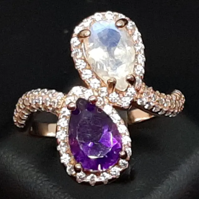 6.30ctw Amethyst, Moonstone & White Sapphire 14K Rose Gold 925 Silver Ring Sz 8