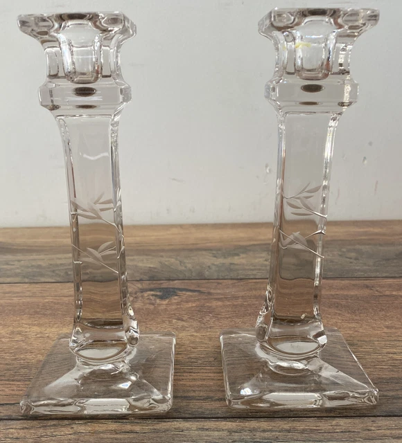 Beautiful 7.5" Tall Pair of Clear Glass Etched  Candle Sticks / Holders
