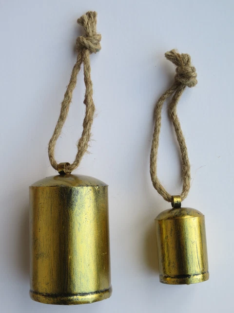 2 LARGE CHRISTMAS HANGING RUSTIC METAL COW BELLS on Rope BRAND NEW Decoration