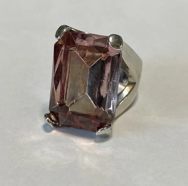 Silver Tone Rose/Brown Rhinestone Large Statement Ring Size 8