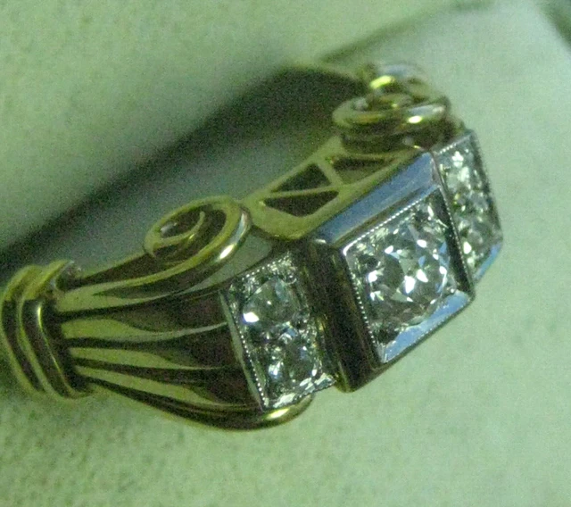 Bague Ancienne Art Déco En Argent Sterling Et Or Avec Zircons - Taille 59, Occasion, Vintage Français