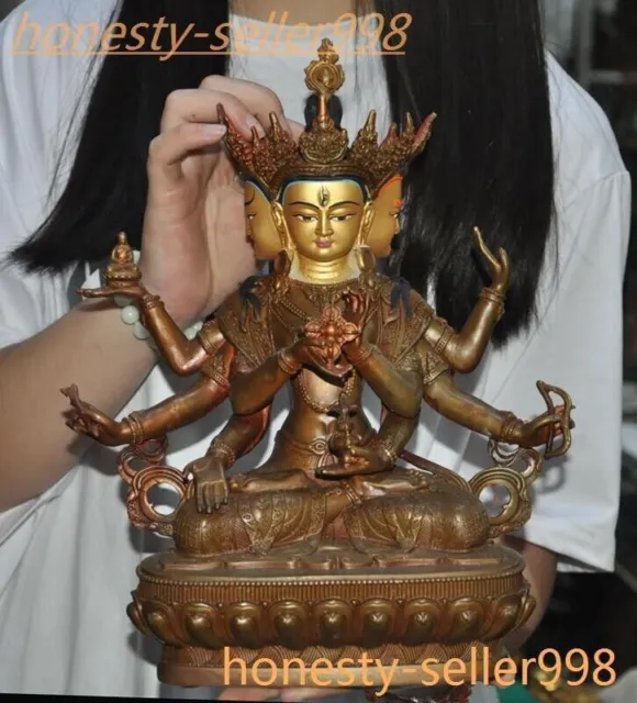 Ancient Tibet bronze Gilt 3 Head 8 Arms Namgyalma & Ushnishavijaya Buddha Statue