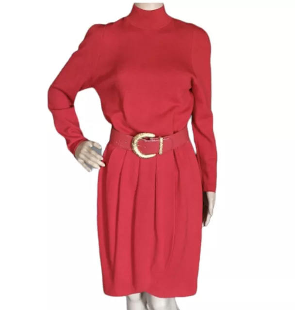 St. John Vtg 80s Red Mock Neck Tulip Santana Knit Belted Dress Long Sleeve 6