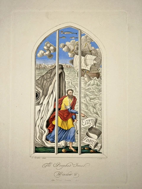 John Weale 19th Century Hand colored Engraving The Prophet Jonah Biblical Wow!!!