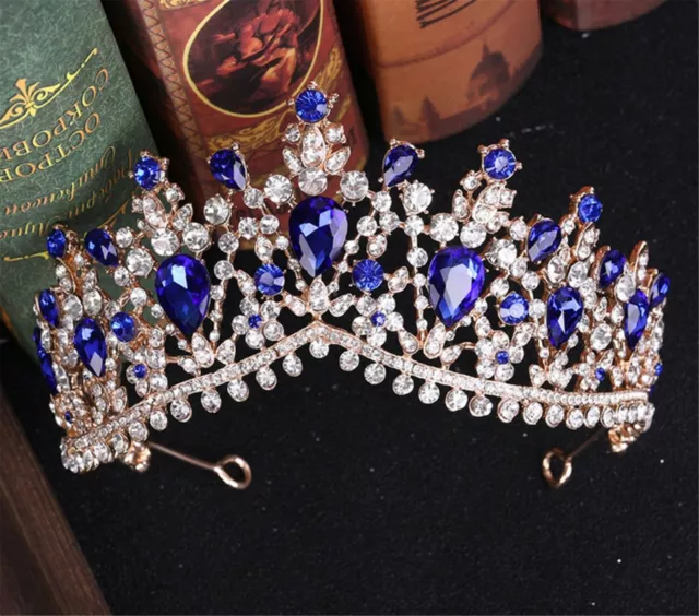 Women Royal Blue Crystal Rhinestone Queen Party Hair Head Headband Crown Tiara