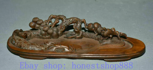 7.8" Old Ancient Chinese Boxwood Wood Carved Pine Tree Crane Inkstone Inkslab