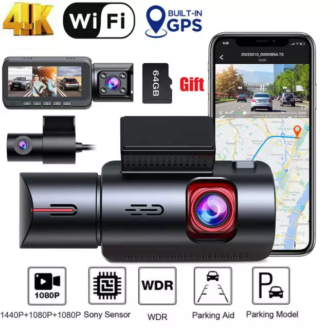 TOGUARD 3CH 4K Dual Dash Cam WIFI GPS Car Camera Video Recorder Night Vision 64G