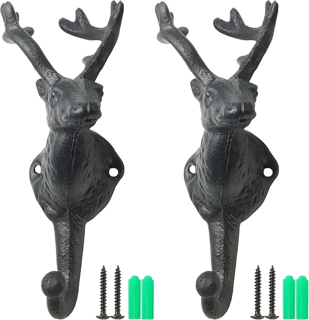 NSBELL 2PCS Rustic Heavy Duty Cast Iron Deer Head Hook Wall Antler Key Black