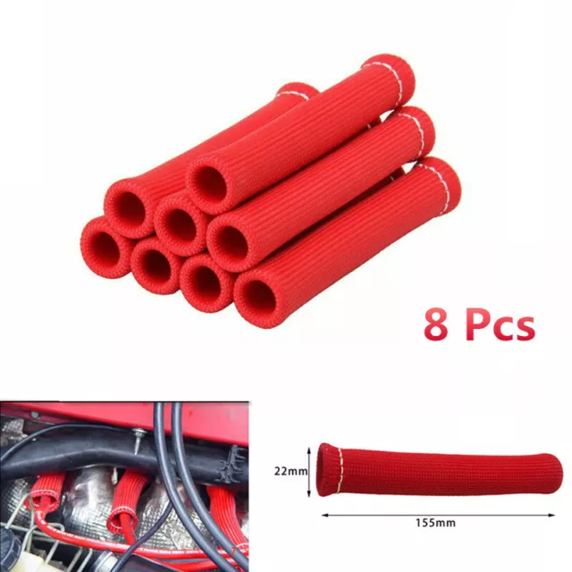 Car Red 8PCS 1200° Spark Plug Wire Boots Protectors Sleeve Heat Shield Cover