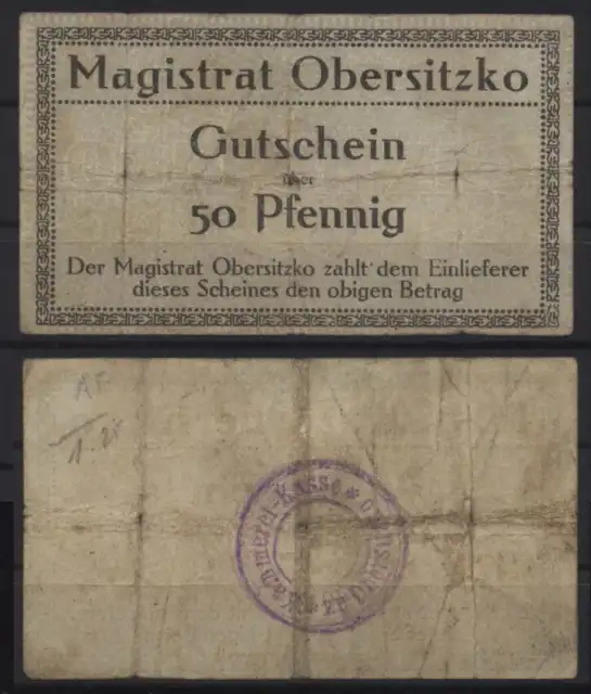 [24216] - NOTGELD OBERSITZKO (heute: Obrzycko), Stadt, 50 Pf, o. D. (1914). Dieß