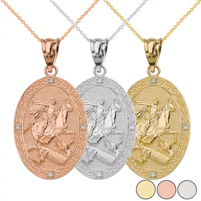 Solid Gold Diamond St. George and the Dragon Prayer Large Oval Pendant Necklace