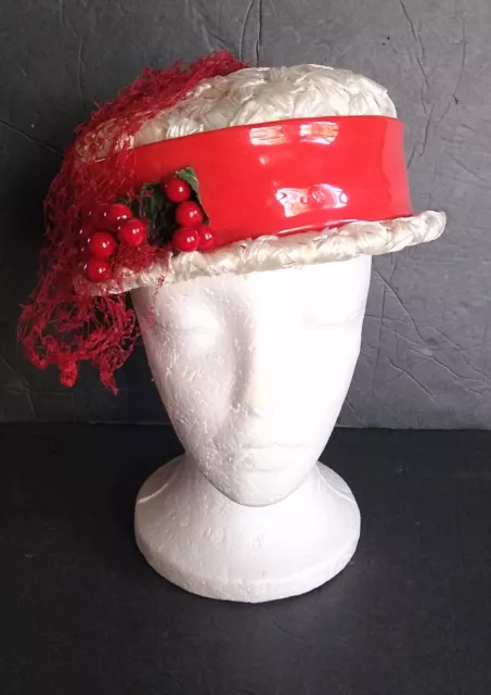 Vintage Ladies Pillbox Hat By Kent New York White W/Red Band Cherries Net Veil