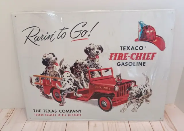 Vintage 1999 Texaco Fire Chief Gasoline Dalmatian Dogs Tin Metal Sign 16"x12"