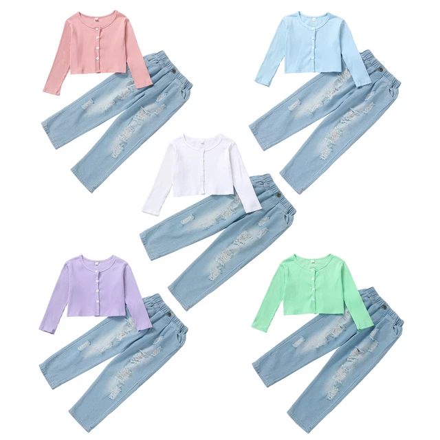 Girls Kids Long Sleeve Ribbed Button Shirt Tops with Ripped Jeans Trouser Outfit