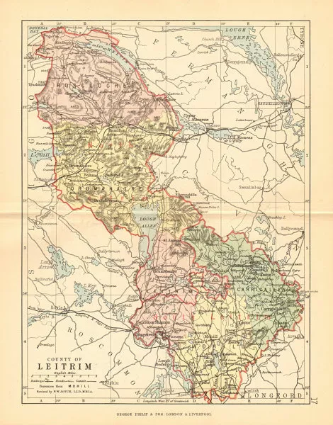 COUNTY LEITRIM. Antique county map. Connaught. Ireland. BARTHOLOMEW 1886
