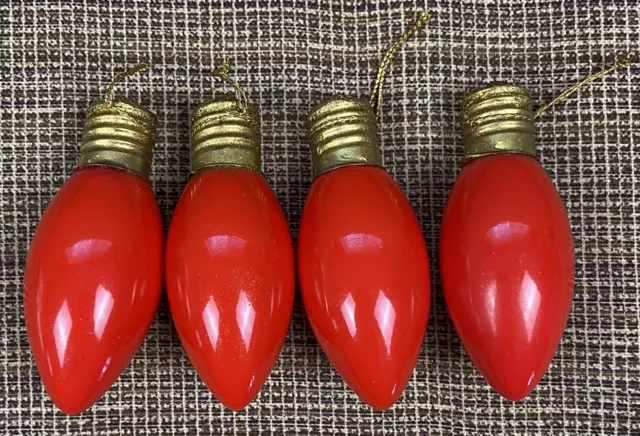 Lot of 4 RED Vintage Christmas Light Bulb Glass Ornaments 3” HTF