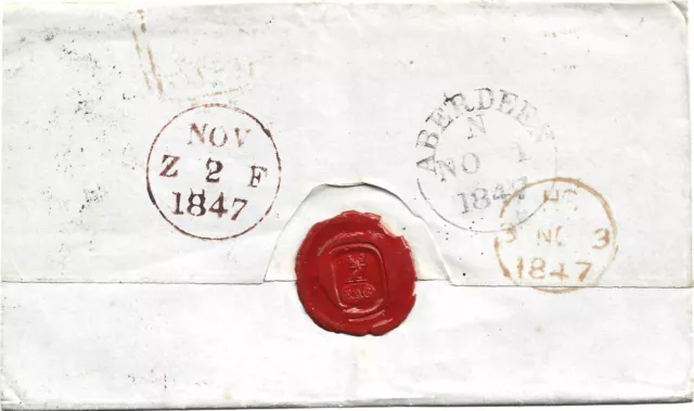 GB 1847 1d Red 4 Margins Wrapper with Aberdeen 1 Numeral to London via Edinburgh 2