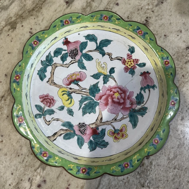 CLOISONNÉ SMALL TRINKET Pin Dish Enamel on Brass Floral Design Vintage ...