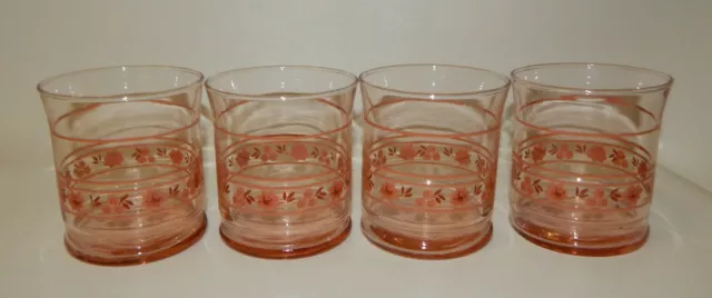 Set of 4 Vintage Libbey Pink Glass w/ Flowers & Stripes 3.5" Juice Glasses
