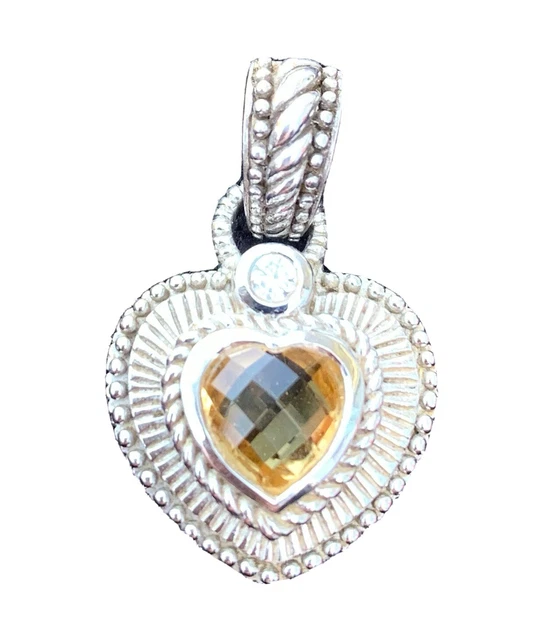 Judith Ripka DESIGNER Sterling CHECKERBOARD CITRINE Heart Pendant CHARM Enhancer