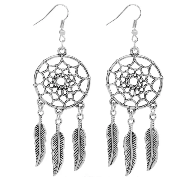 New Women's Dreamcatcher Feather Vintage Silver Dangle Earrings