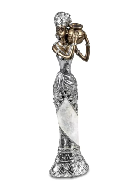 Scultura Moderna Statua Decorativa Donna Africana IN Piedi Dipinti Argento/Oro