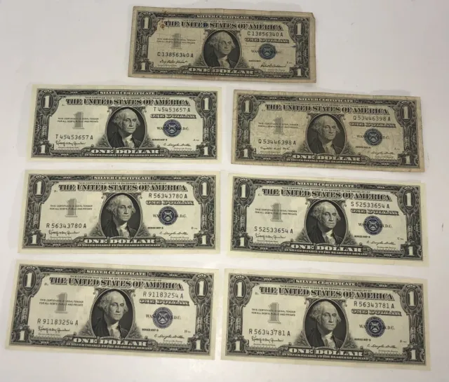 $1 Dollar 1957 Lot Of 7 Note's One Dollar Bill Blue Seal Silver Certificates
