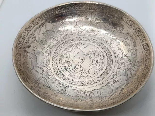 Antique Solid Silver Persian Middle Eastern Engraved Plate, 88.50g, 10 Cm