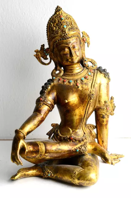 Alte feuervergoldete Bronze Türkise INDRA Buddha Nepal, Tibet  25 cm gilt