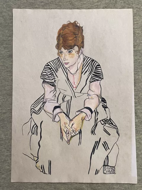 Egon Schiele (Handmade) Drawing - Painting Inks on old paper signed & stamped