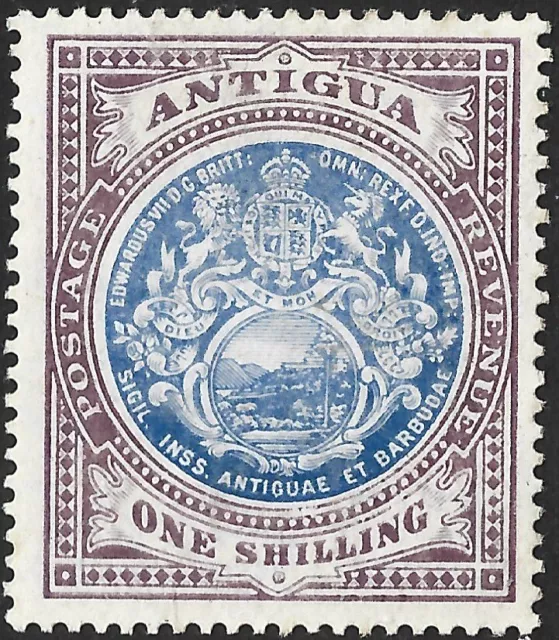 Antigua 1908-17 KEVII  1/- Blue & Dull Purple SG.49 Mint Hinged Cat:£28 Wmk MCCA