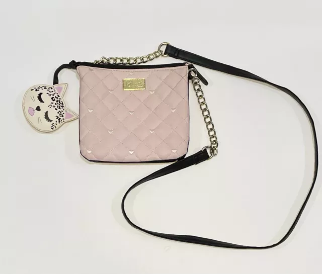 Luv BETSEY JOHNSON Pink Quilted Hearts Crossbody  With Cat Accessory